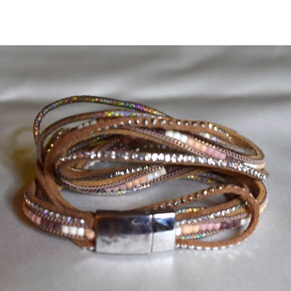 It's A Wrap Layered Brown Rhinestone/Beaded Leather 15" Magnet Clasp Bracelet - Picture 1 of 4